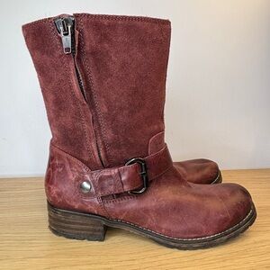 Clarks Womens Burgundy Leather Suede Moto Mid Calf Buckle Boots 66577 Size 9M